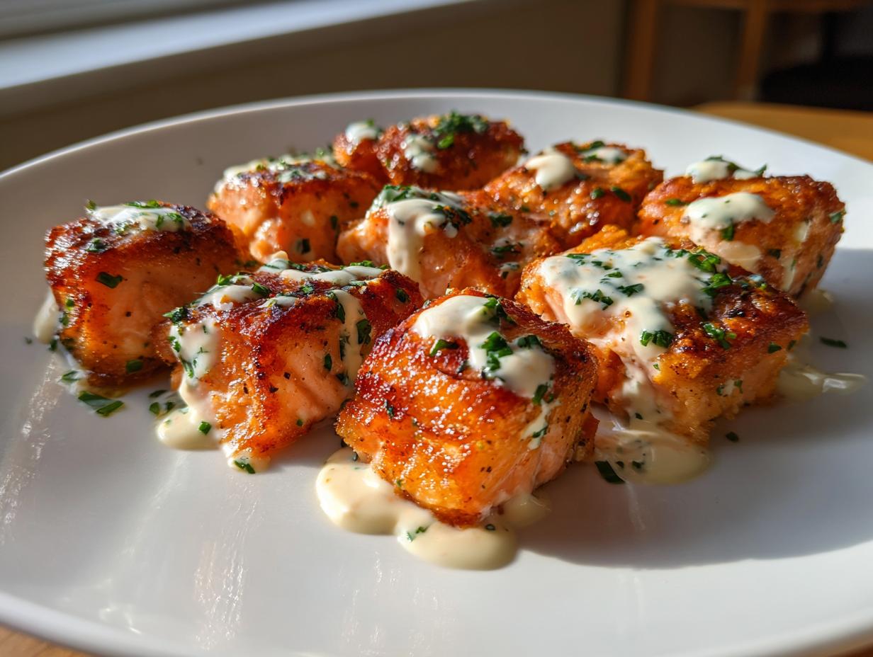 Crispy Air Fryer Salmon Bites with Dreamy Garlic Sauce in 10 Minutes