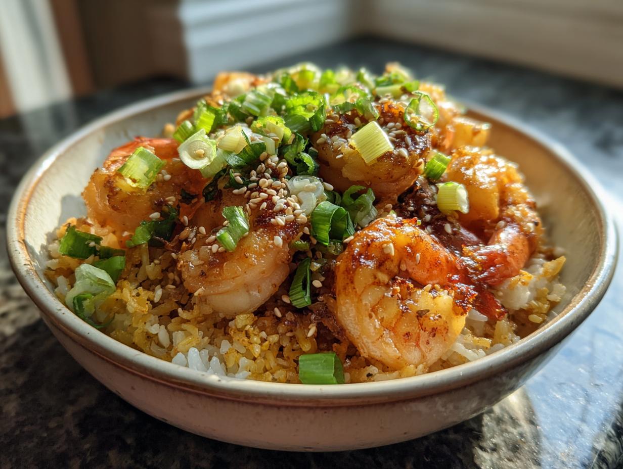Crispy Jasmine Rice Bowl with Garlic Shrimp